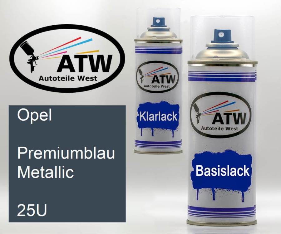 Opel, Premiumblau Metallic, 25U: 400ml Sprühdose + 400ml Klarlack - Set, von ATW Autoteile West.